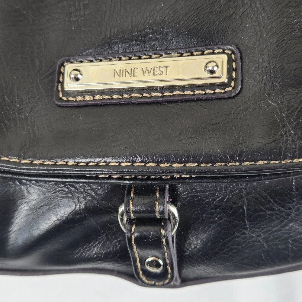 Nine West Black Foldover Crossbody Bag Adustable Long Strap Faux Leather